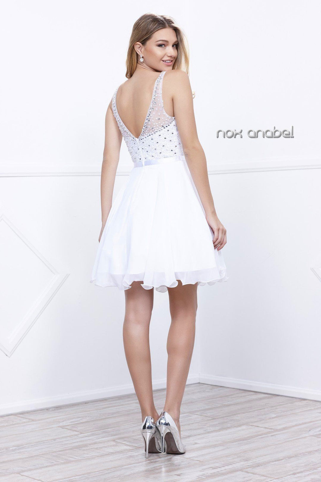 Short Chiffon Dress with Sequined Bodice by Nox Anabel 6163-Short Cocktail Dresses-ABC Fashion
