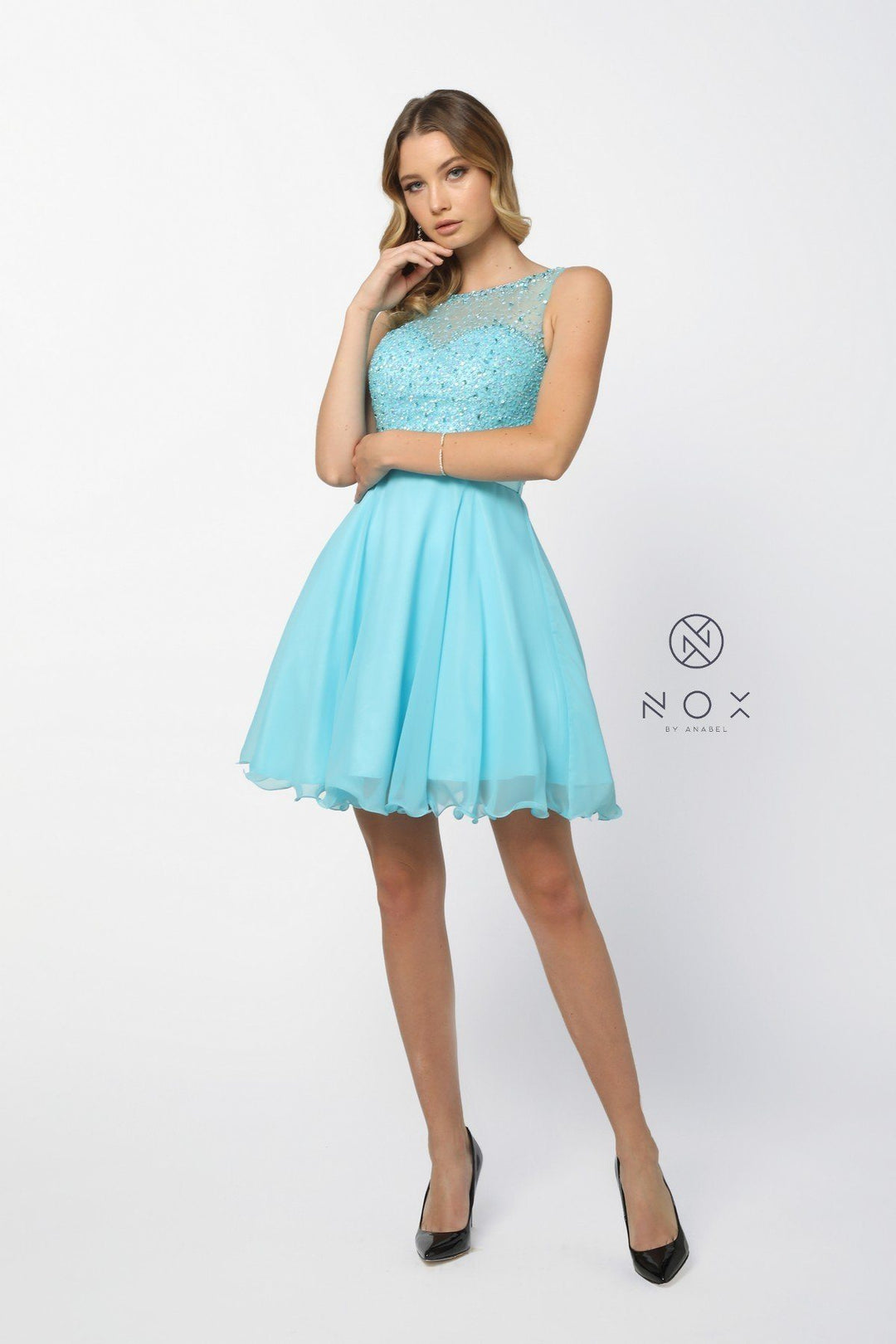 Short Chiffon Dress with Sequined Bodice by Nox Anabel 6163