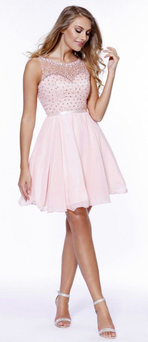 Short Chiffon Dress with Sequined Bodice by Nox Anabel 6163-Short Cocktail Dresses-ABC Fashion