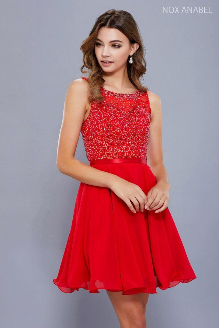 Short Chiffon Dress with Sequined Bodice by Nox Anabel 6163-Short Cocktail Dresses-ABC Fashion