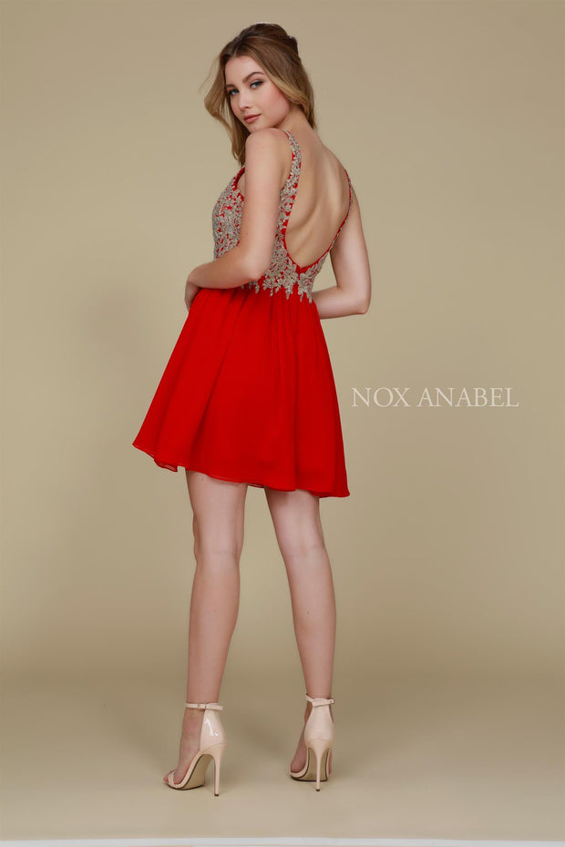 Short Chiffon Lace Applique Dress by Nox Anabel 6291