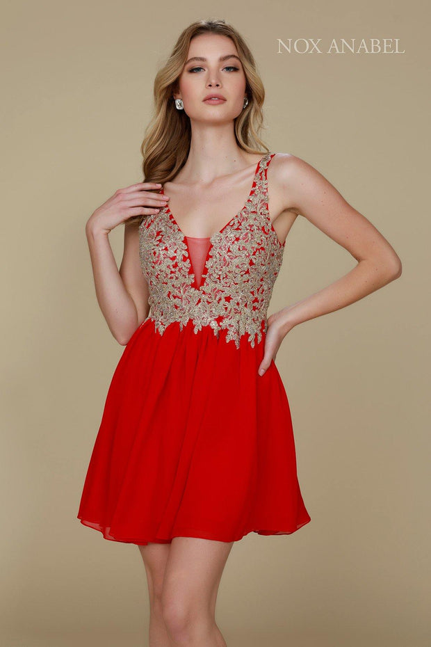 Short Chiffon Lace Applique Dress by Nox Anabel 6291