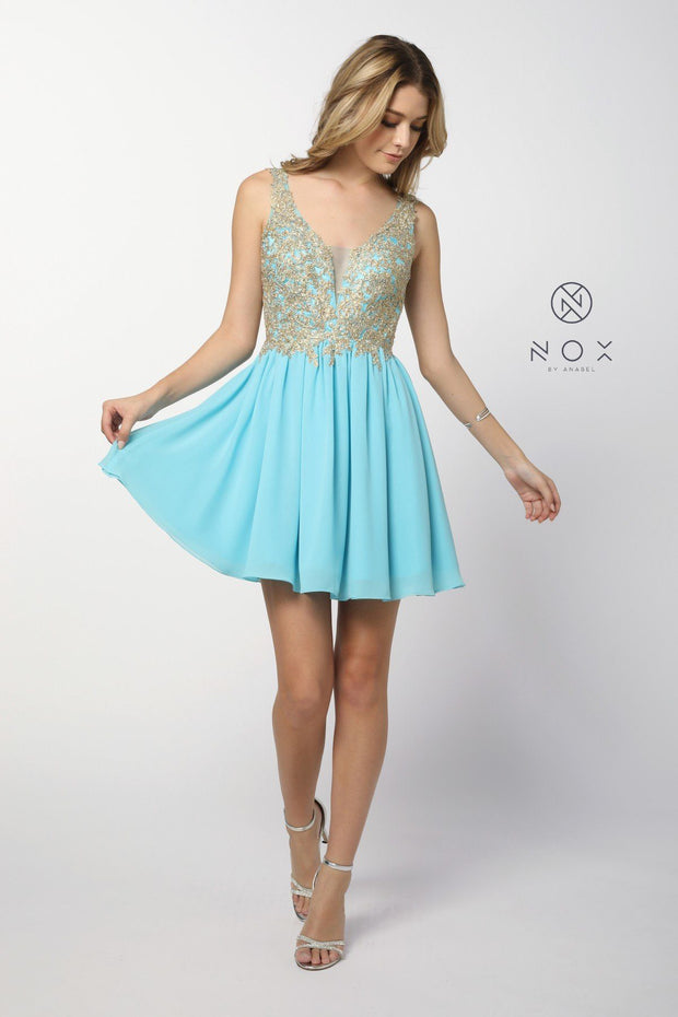 Short Chiffon Lace Applique Dress by Nox Anabel 6291
