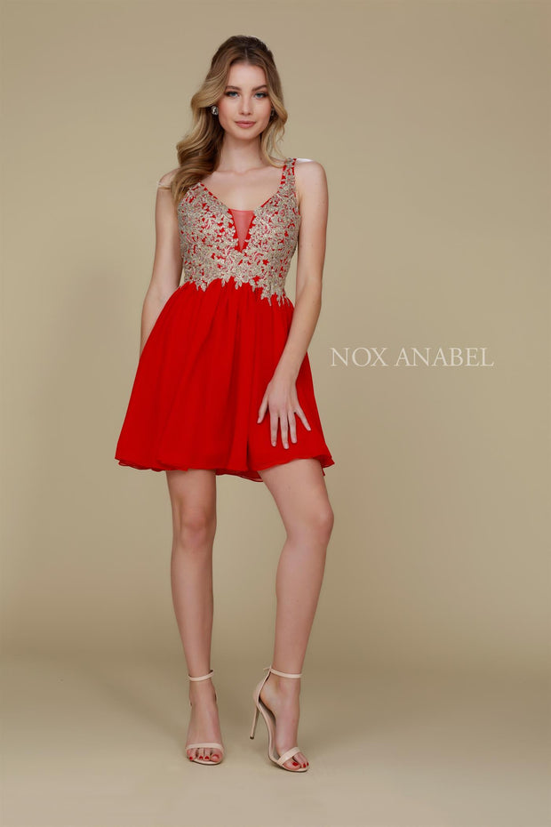 Short Chiffon Lace Applique Dress by Nox Anabel 6291