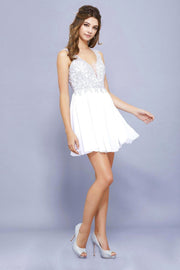 Short Chiffon Lace Applique Dress by Nox Anabel 6291-Short Cocktail Dresses-ABC Fashion