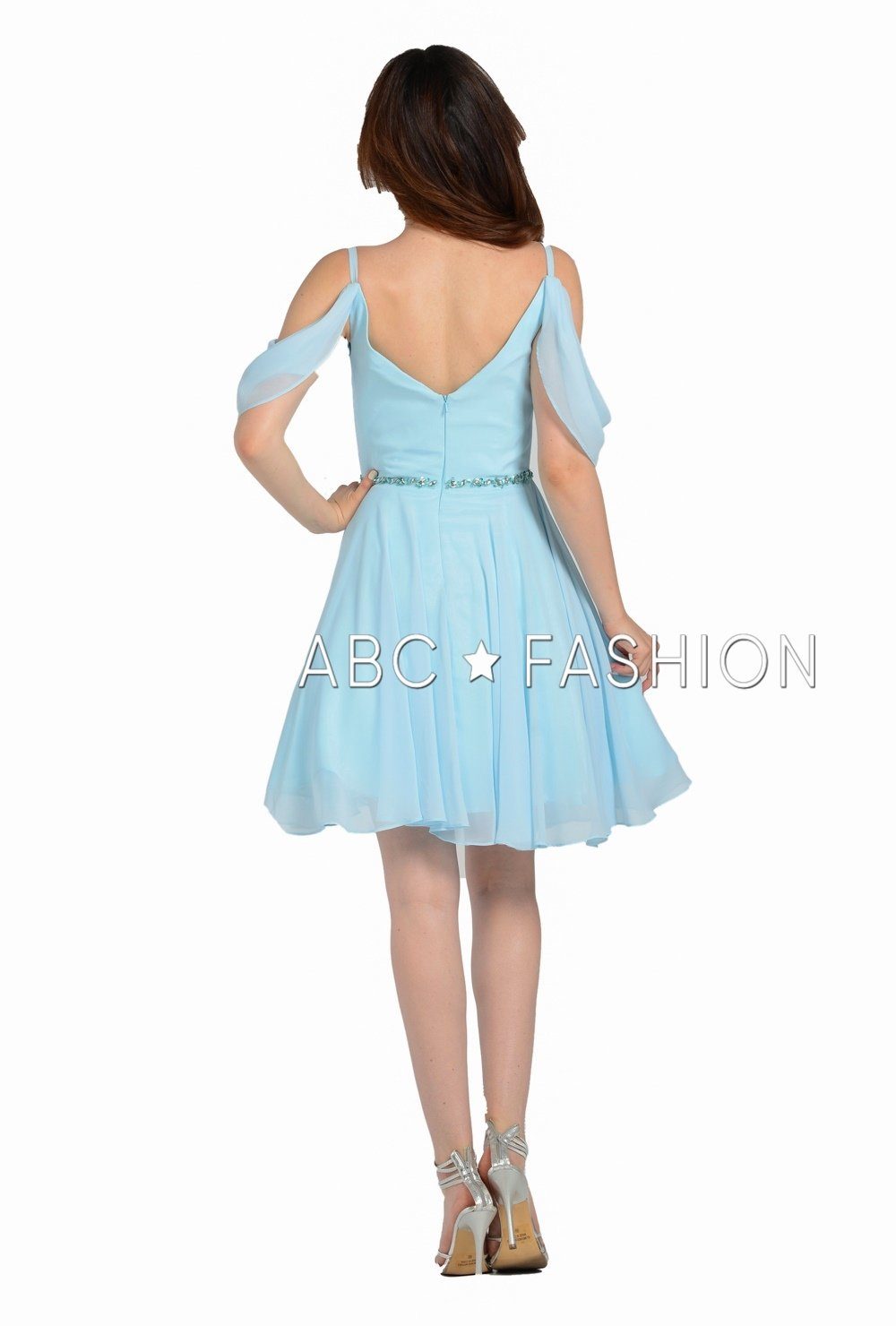 Short Cold Shoulder Dress with Beaded Waistband by Poly USA 8190-Short Cocktail Dresses-ABC Fashion