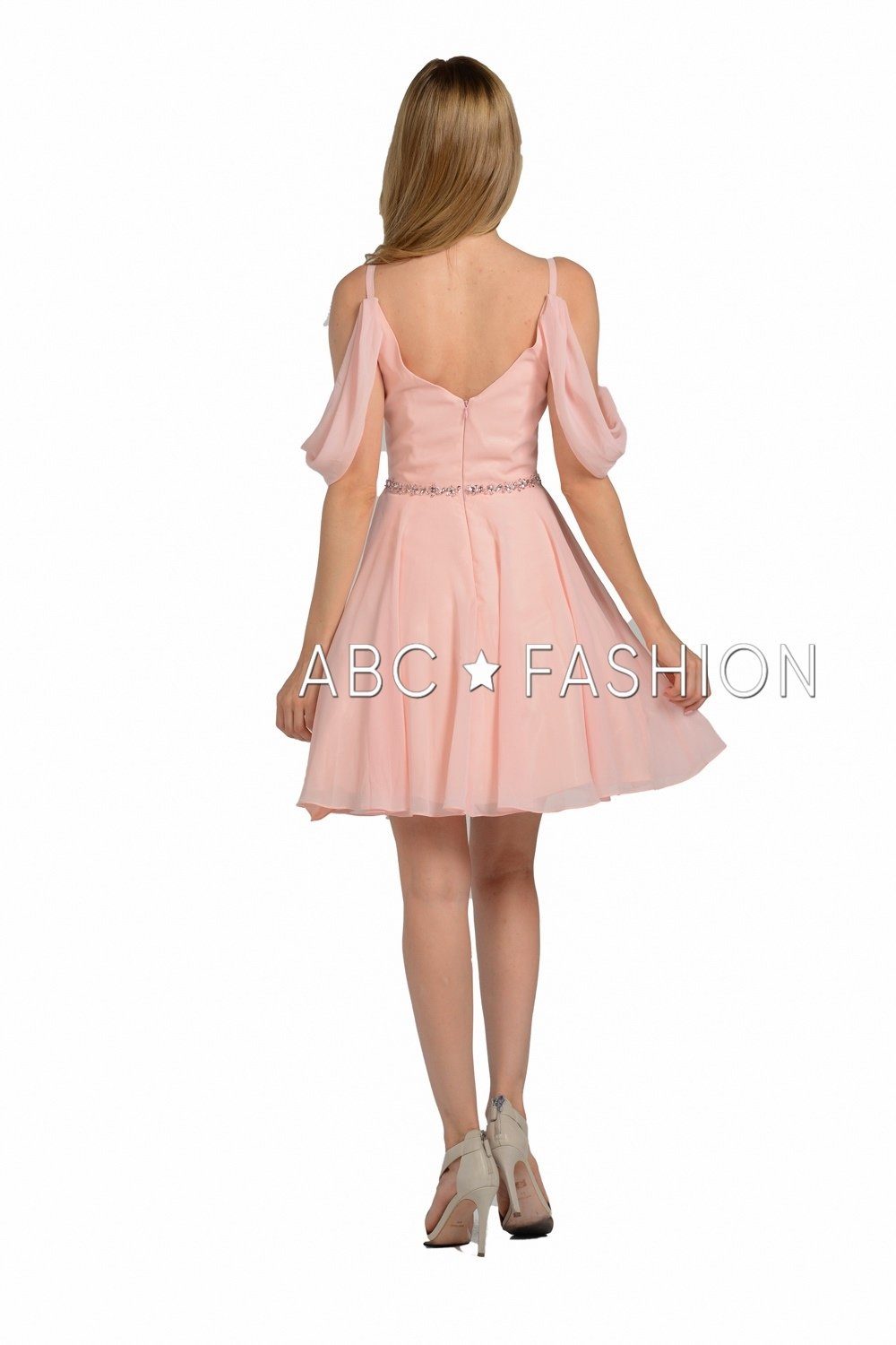 Short Cold Shoulder Dress with Beaded Waistband by Poly USA 8190-Short Cocktail Dresses-ABC Fashion
