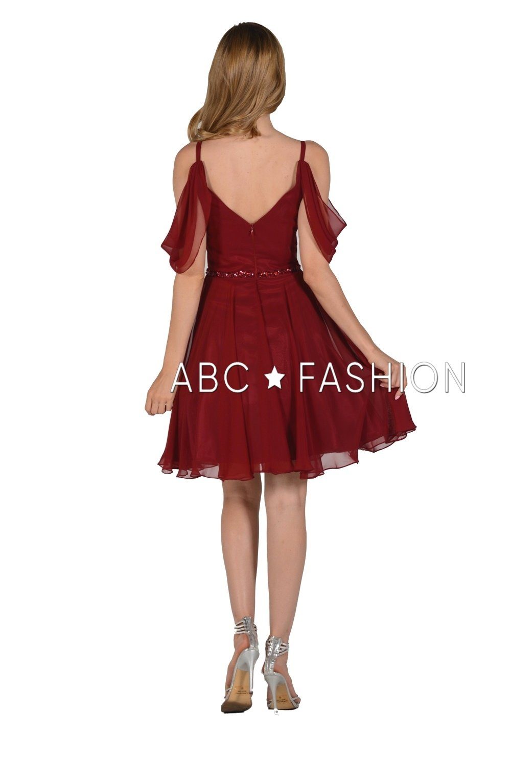 Short Cold Shoulder Dress with Beaded Waistband by Poly USA 8190-Short Cocktail Dresses-ABC Fashion