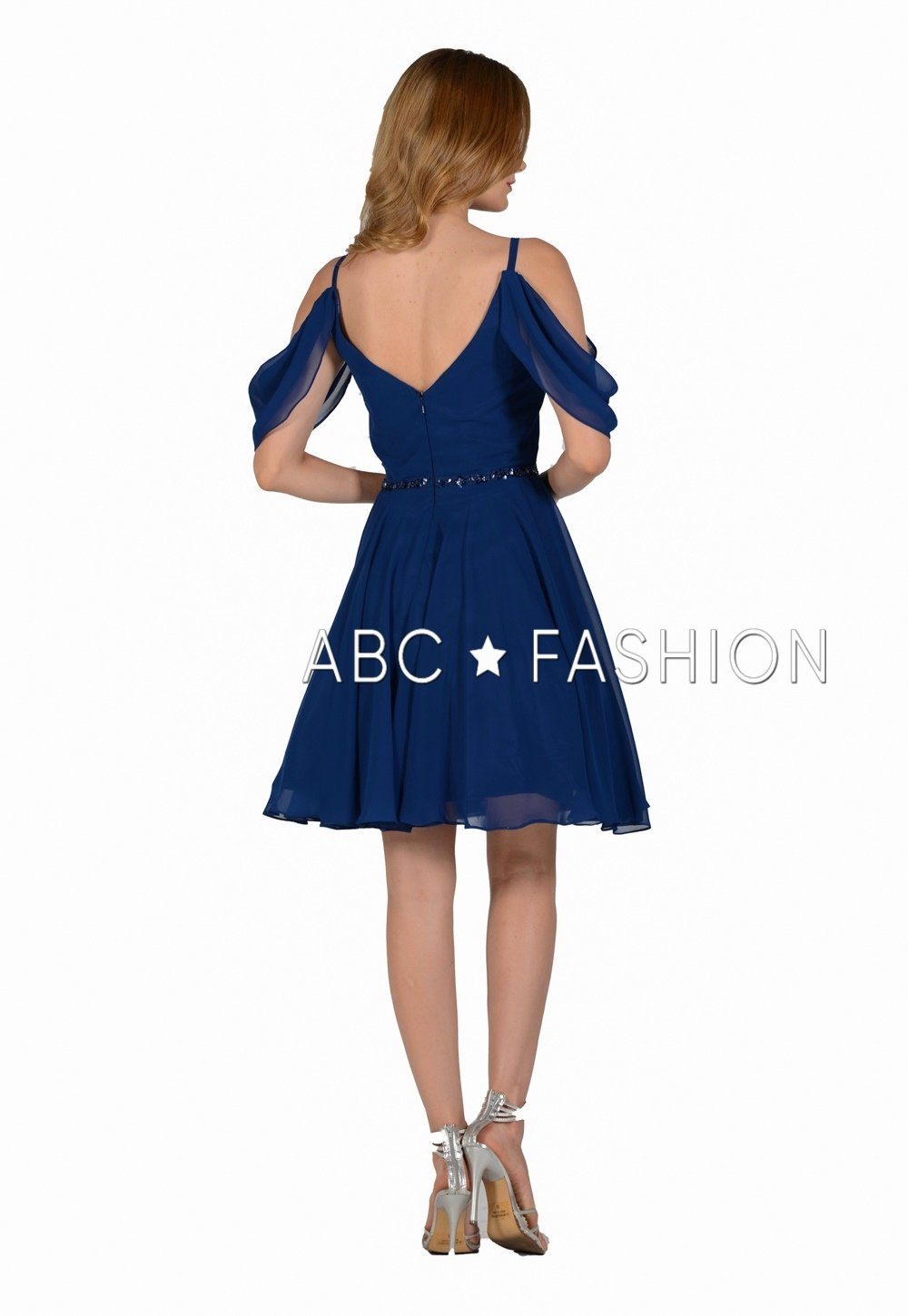 Short Cold Shoulder Dress with Beaded Waistband by Poly USA 8190-Short Cocktail Dresses-ABC Fashion