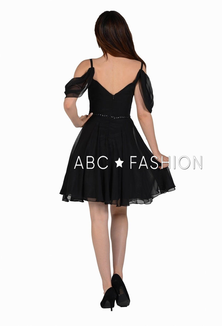 Short Cold Shoulder Dress with Beaded Waistband by Poly USA 8190-Short Cocktail Dresses-ABC Fashion
