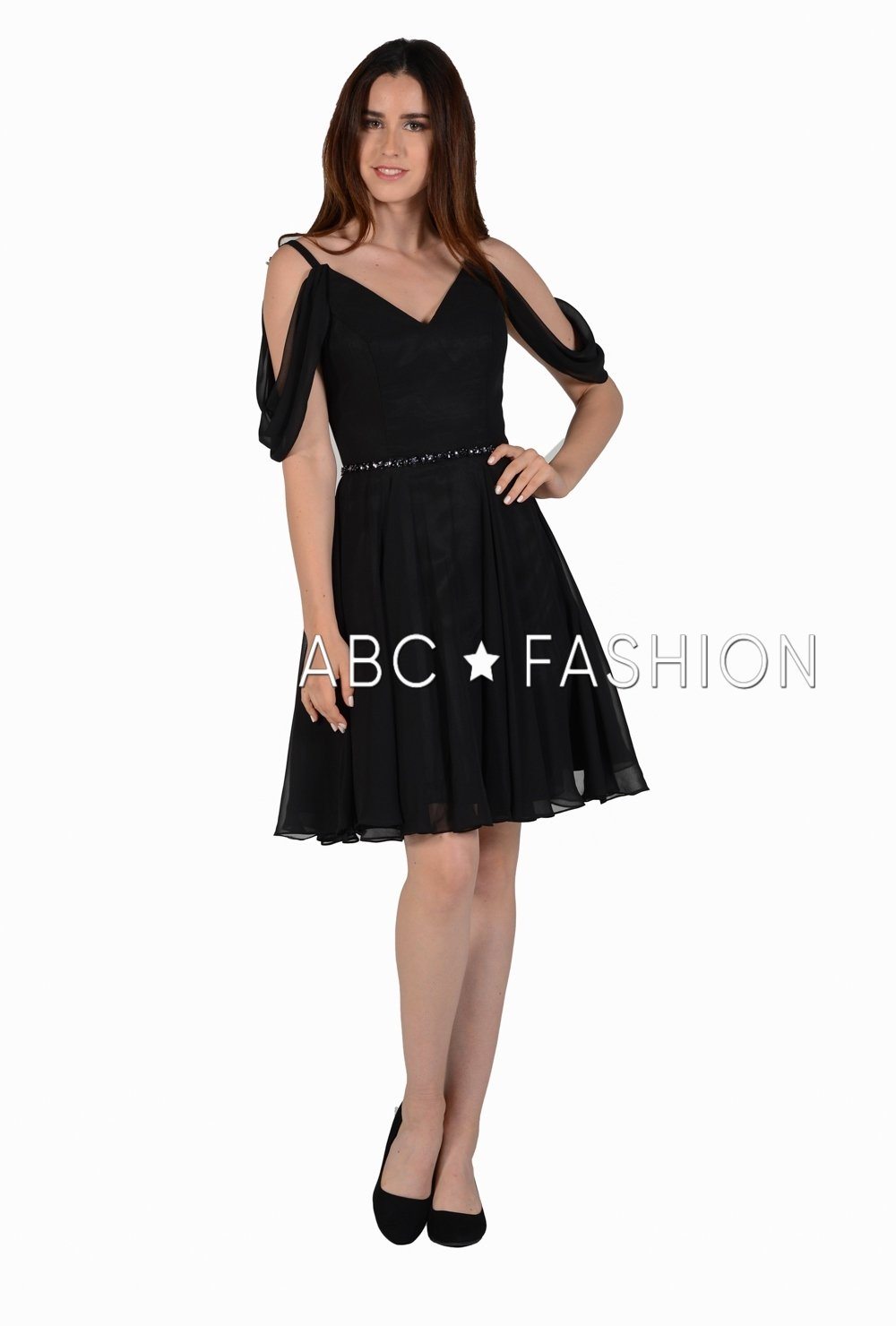 Short Cold Shoulder Dress with Beaded Waistband by Poly USA 8190-Short Cocktail Dresses-ABC Fashion
