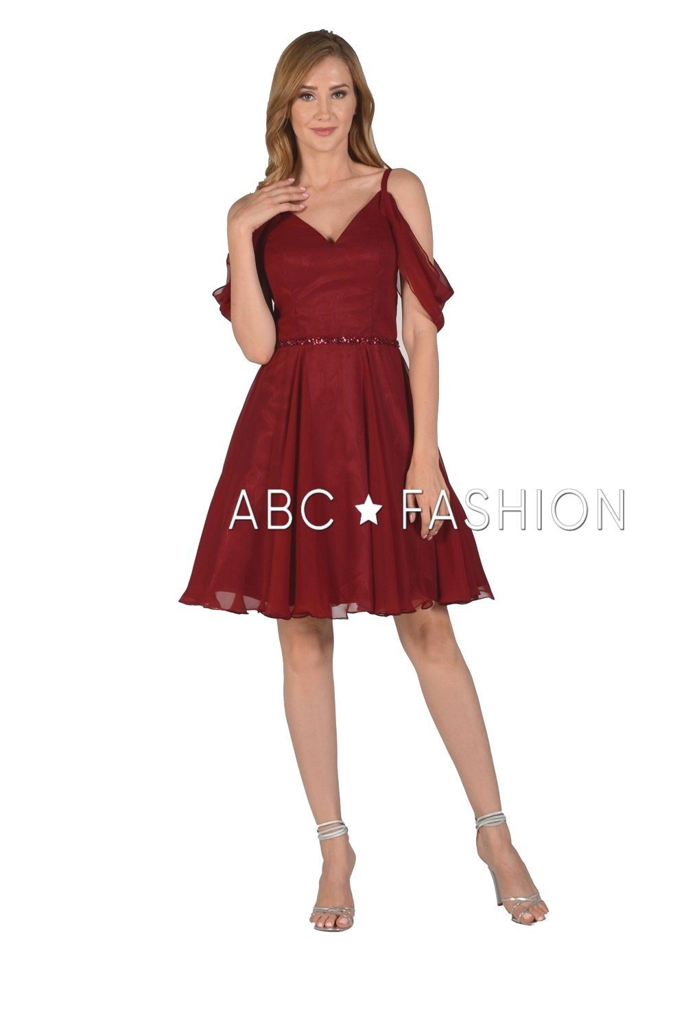 Short Cold Shoulder Dress with Beaded Waistband by Poly USA 8190-Short Cocktail Dresses-ABC Fashion