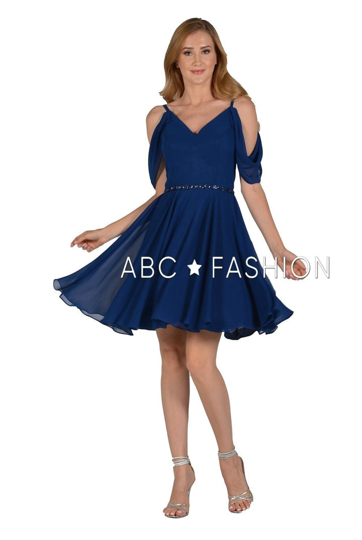 Short Cold Shoulder Dress with Beaded Waistband by Poly USA 8190-Short Cocktail Dresses-ABC Fashion