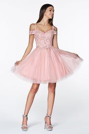 Short Cold Shoulder Dress with Glitter Skirt by Cinderella Divine CD0132-Short Cocktail Dresses-ABC Fashion