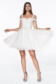 Short Cold Shoulder Dress with Glitter Skirt by Cinderella Divine CD0132-Short Cocktail Dresses-ABC Fashion