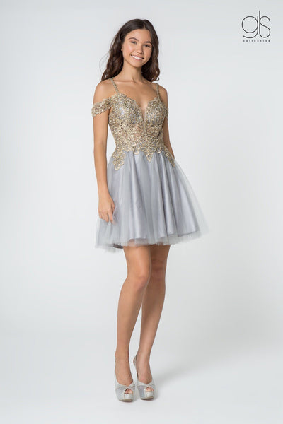 Short Cold Shoulder Dress with Gold Appliques by Elizabeth K GS2808-Short Cocktail Dresses-ABC Fashion