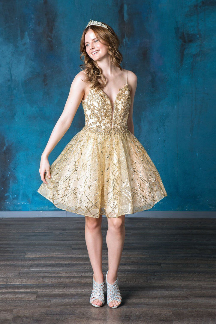Short Deep Sweetheart Glitter Dress by Calla Collection