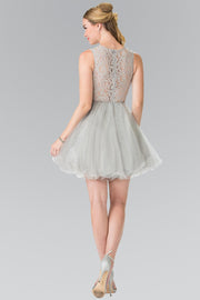 Short Dress with Lace Bodice and Sheer Waistline by Elizabeth K GS1427-Short Cocktail Dresses-ABC Fashion