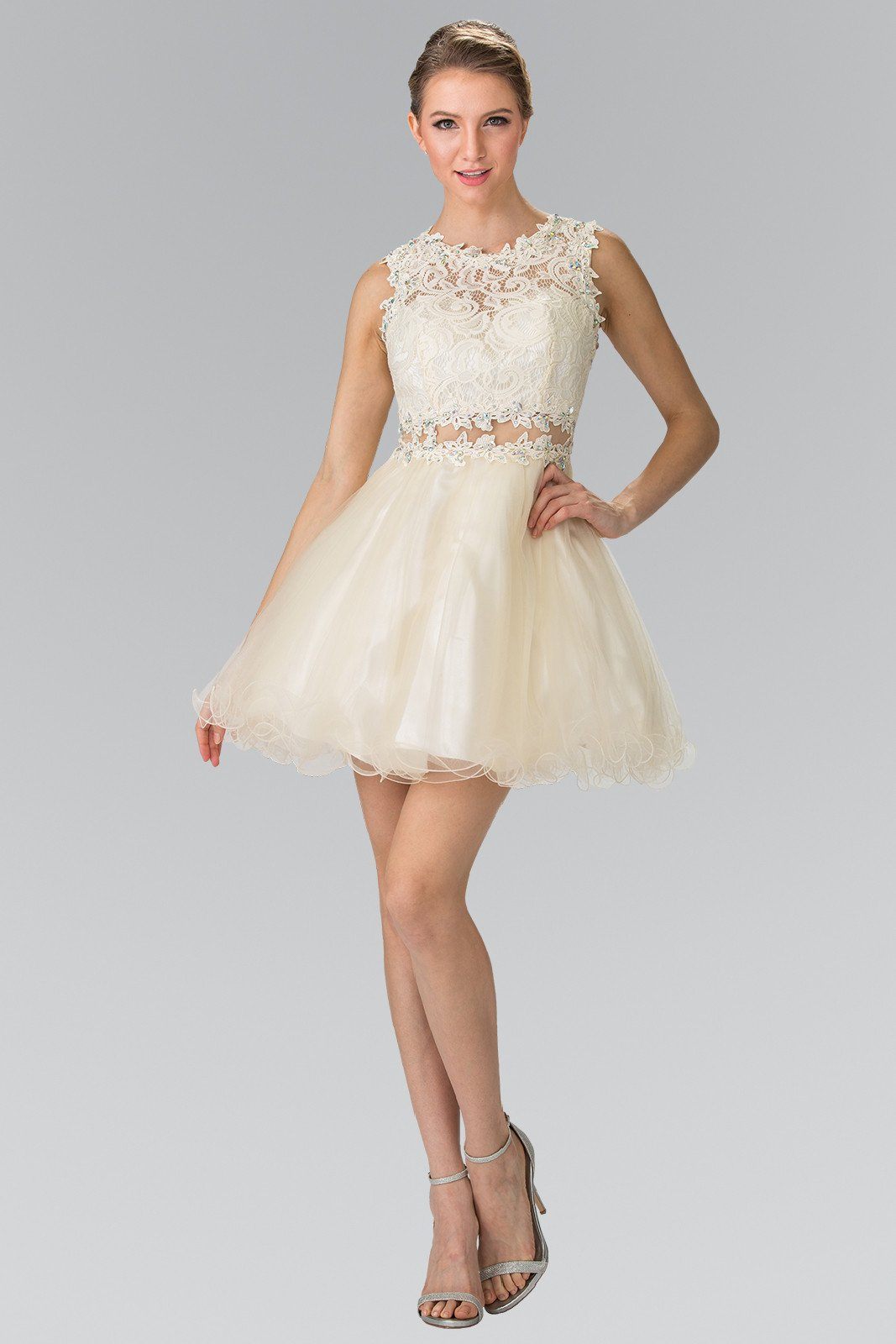 Short Dress with Lace Bodice and Sheer Waistline by Elizabeth K GS1427 ABC Fashion Short Dress with Lace Bodice and Sheer Waistline by Elizabeth K GS1427 ABC Fashion