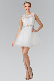 Short Dress with Lace Bodice and Sheer Waistline by Elizabeth K GS1427-Short Cocktail Dresses-ABC Fashion