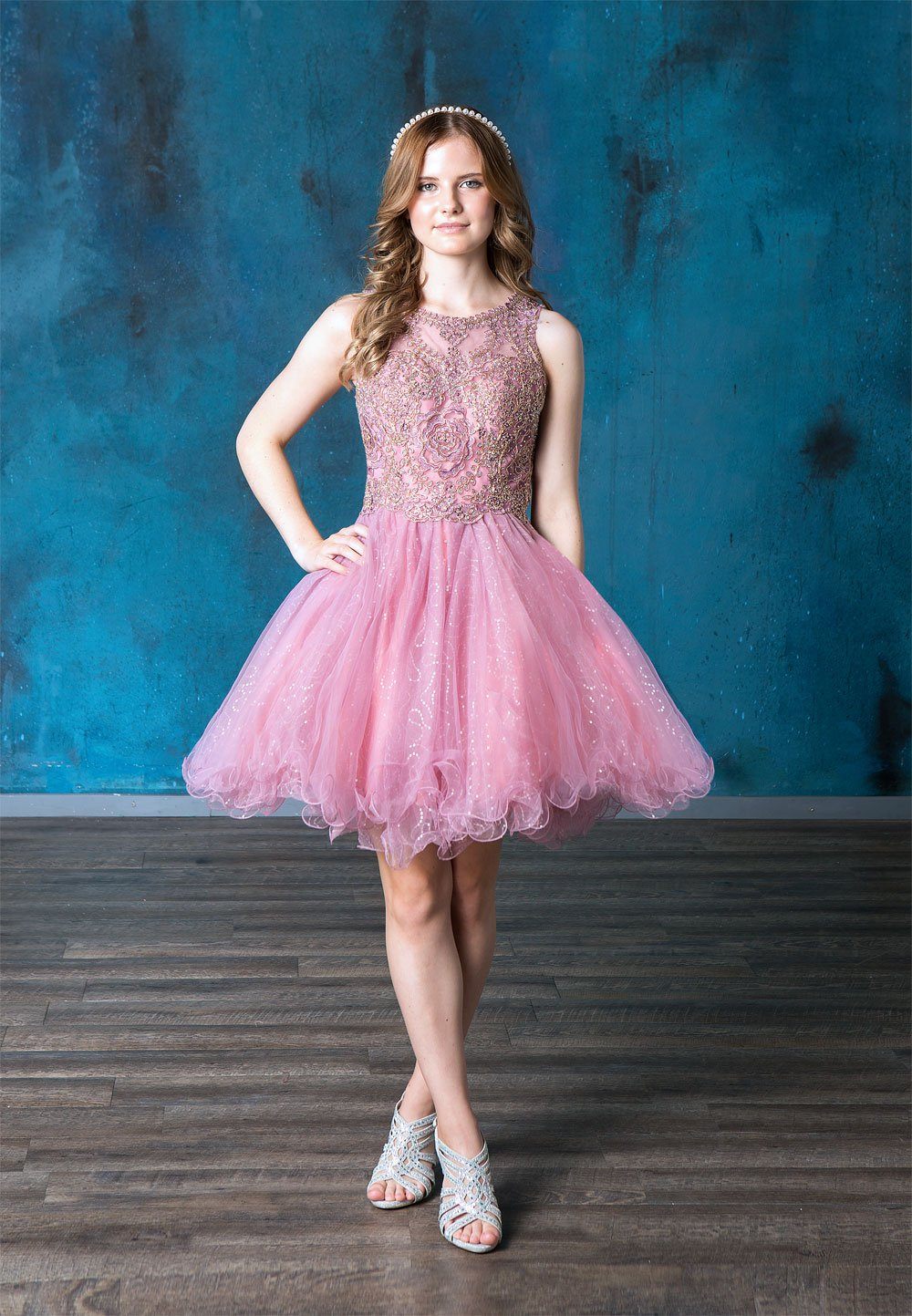 Short Embroidered Dress with Sequin Tulle Skirt by Calla Collection