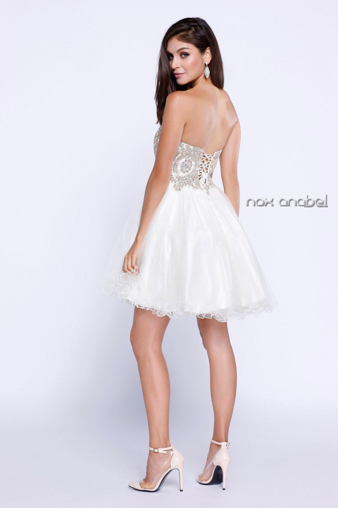 Short Empire Waist Dress with Lace Bodice by Nox Anabel 6212-Short Cocktail Dresses-ABC Fashion