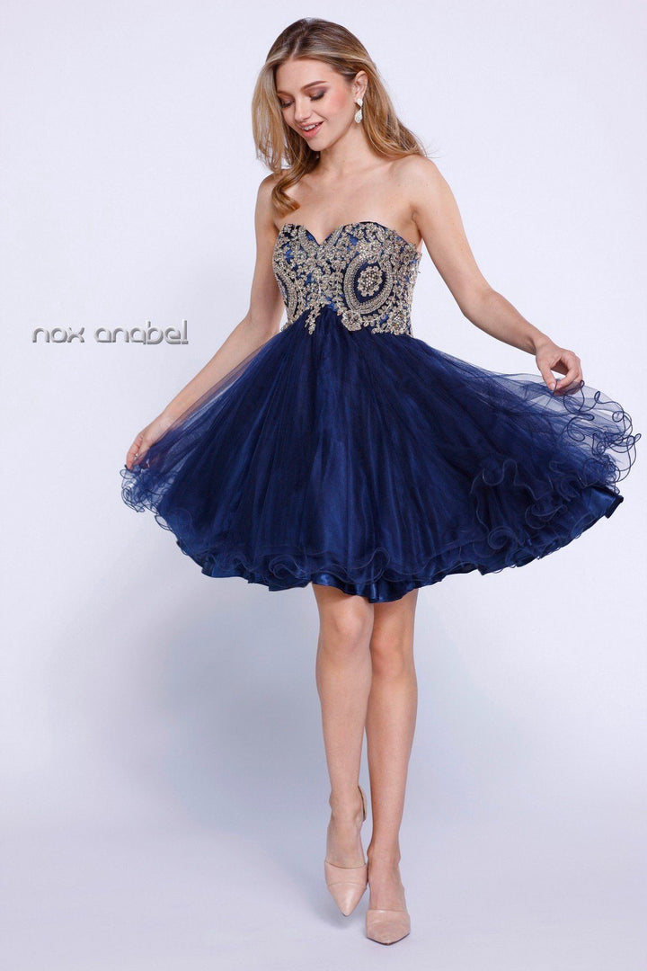 Short Empire Waist Dress with Lace Bodice by Nox Anabel 6212-Short Cocktail Dresses-ABC Fashion
