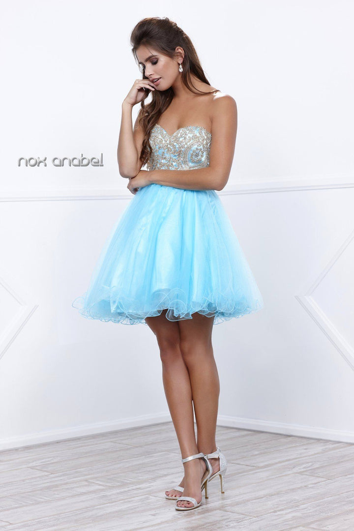 Short Empire Waist Dress with Lace Bodice by Nox Anabel 6212-Short Cocktail Dresses-ABC Fashion