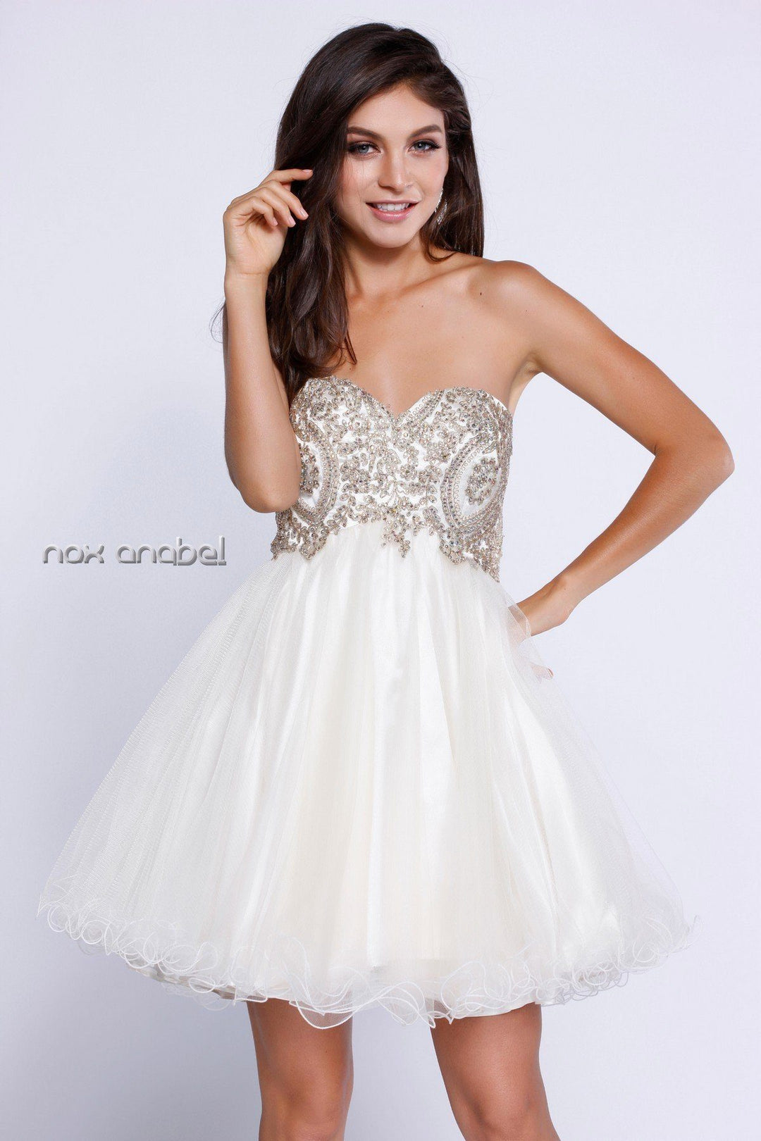 Short Empire Waist Dress with Lace Bodice by Nox Anabel 6212-Short Cocktail Dresses-ABC Fashion