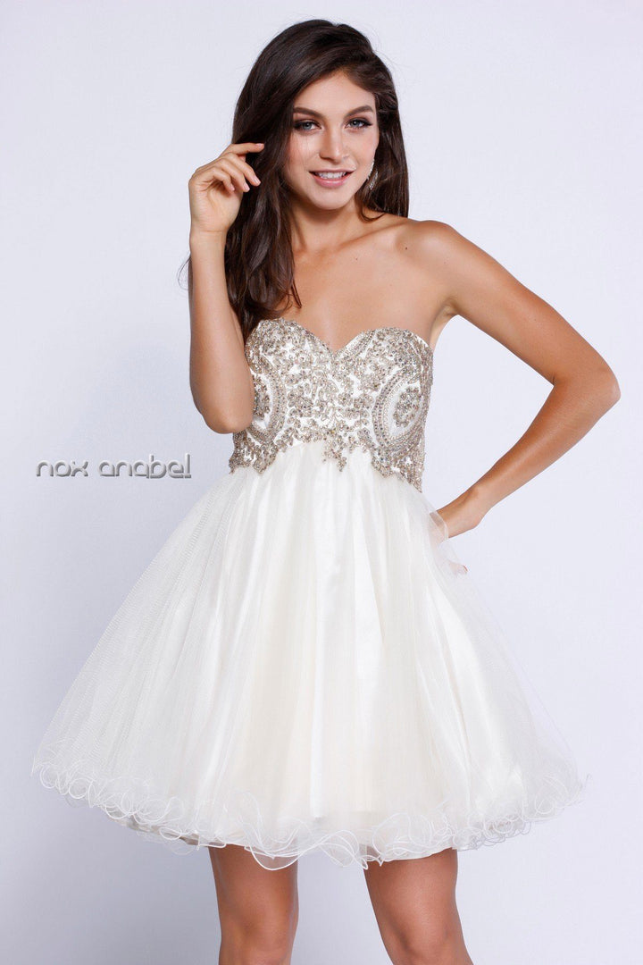 Short Empire Waist Dress with Lace Bodice by Nox Anabel 6212-Short Cocktail Dresses-ABC Fashion