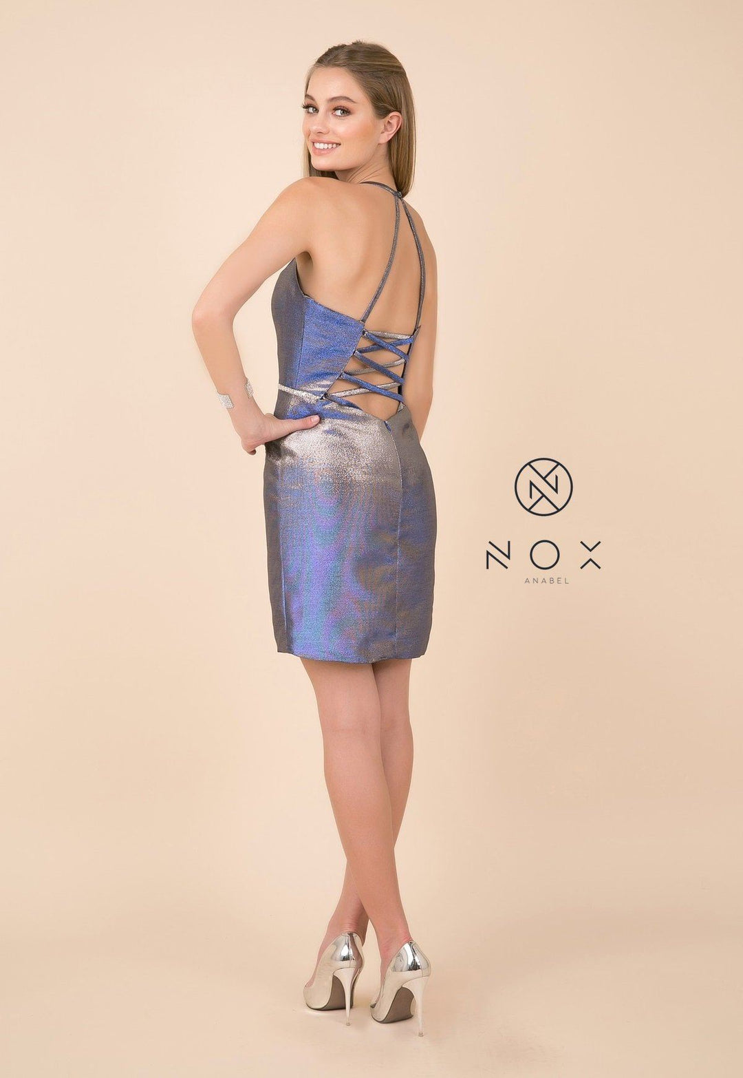 Short Fitted Metallic Dress with Corset Back by Nox Anabel M690-Short Cocktail Dresses-ABC Fashion
