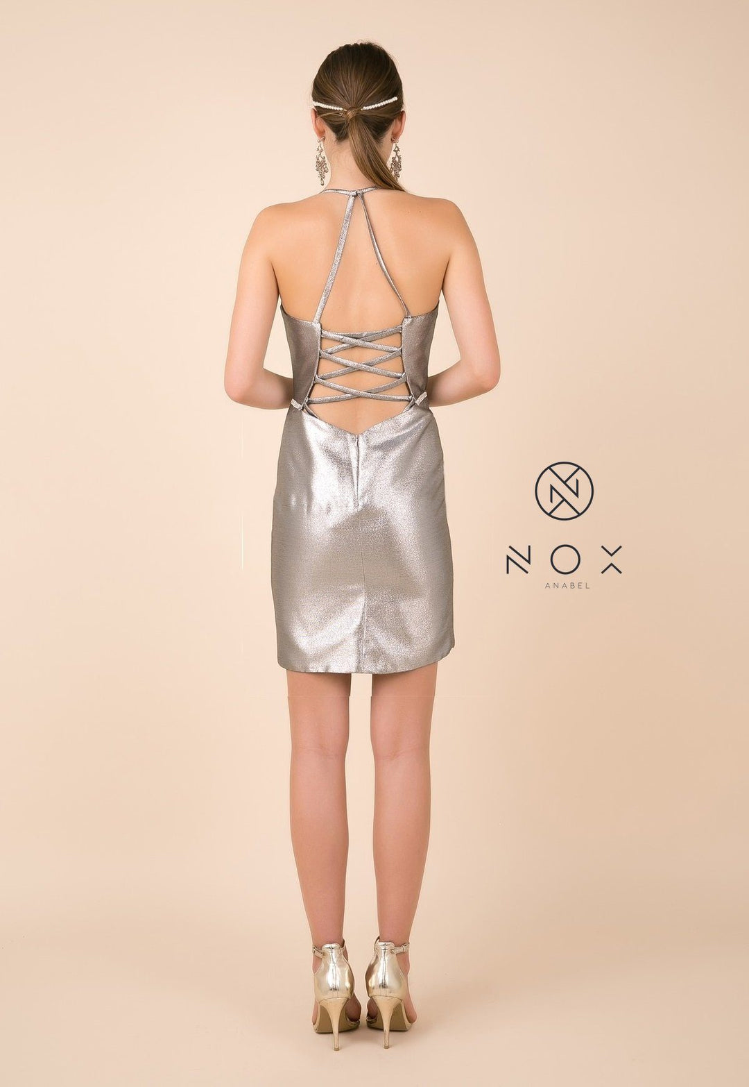 Short Fitted Metallic Dress with Corset Back by Nox Anabel M690-Short Cocktail Dresses-ABC Fashion