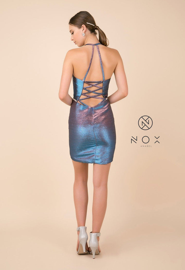 Short Fitted Metallic Dress with Corset Back by Nox Anabel M690-Short Cocktail Dresses-ABC Fashion