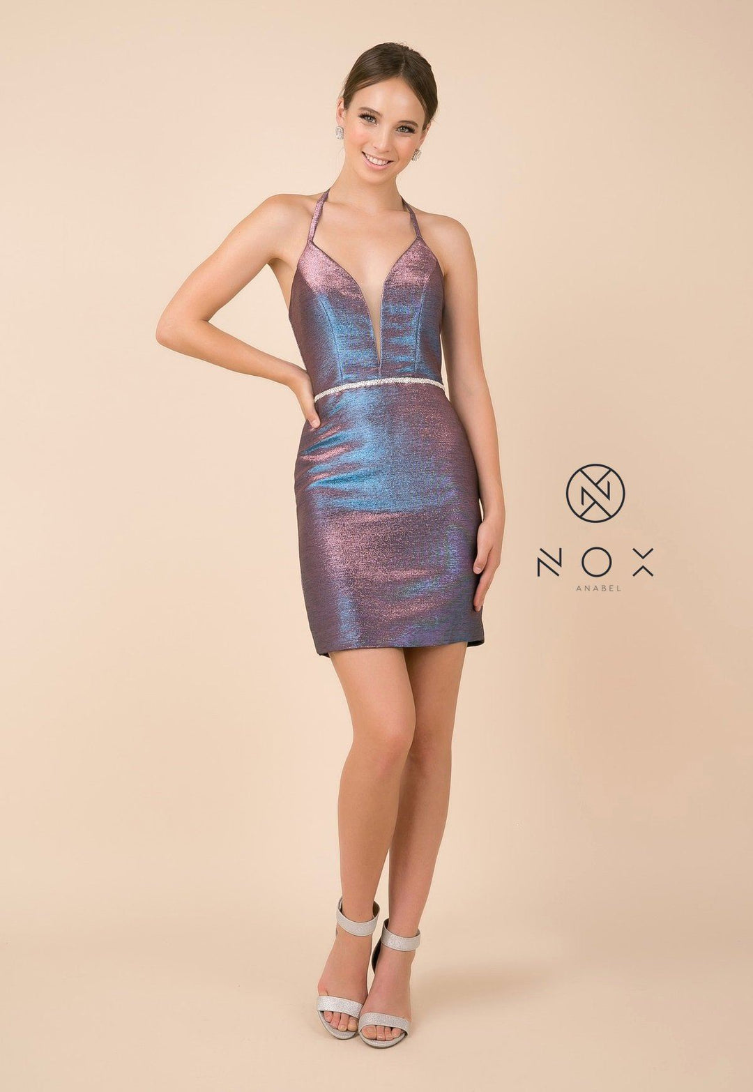 Short Fitted Metallic Dress with Corset Back by Nox Anabel M690-Short Cocktail Dresses-ABC Fashion