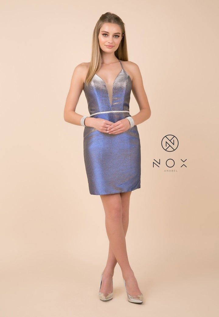 Short Fitted Metallic Dress with Corset Back by Nox Anabel M690-Short Cocktail Dresses-ABC Fashion