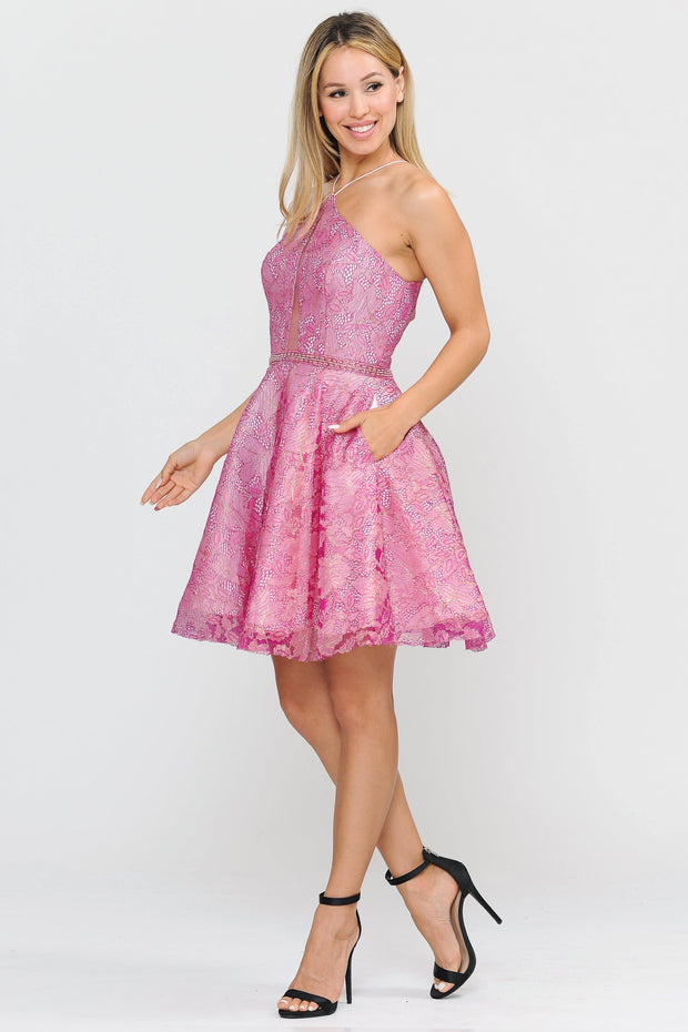 Short Floral Glitter Dress with Illusion Cutout by Poly USA 8506-Short Cocktail Dresses-ABC Fashion