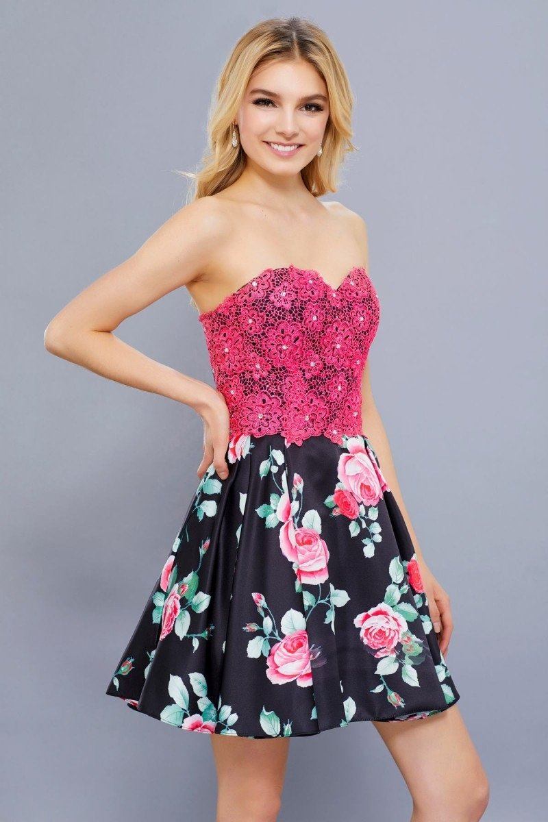 Short Floral Print Dress with Fuchsia Lace Top by Nox Anabel 6270-Short Cocktail Dresses-ABC Fashion