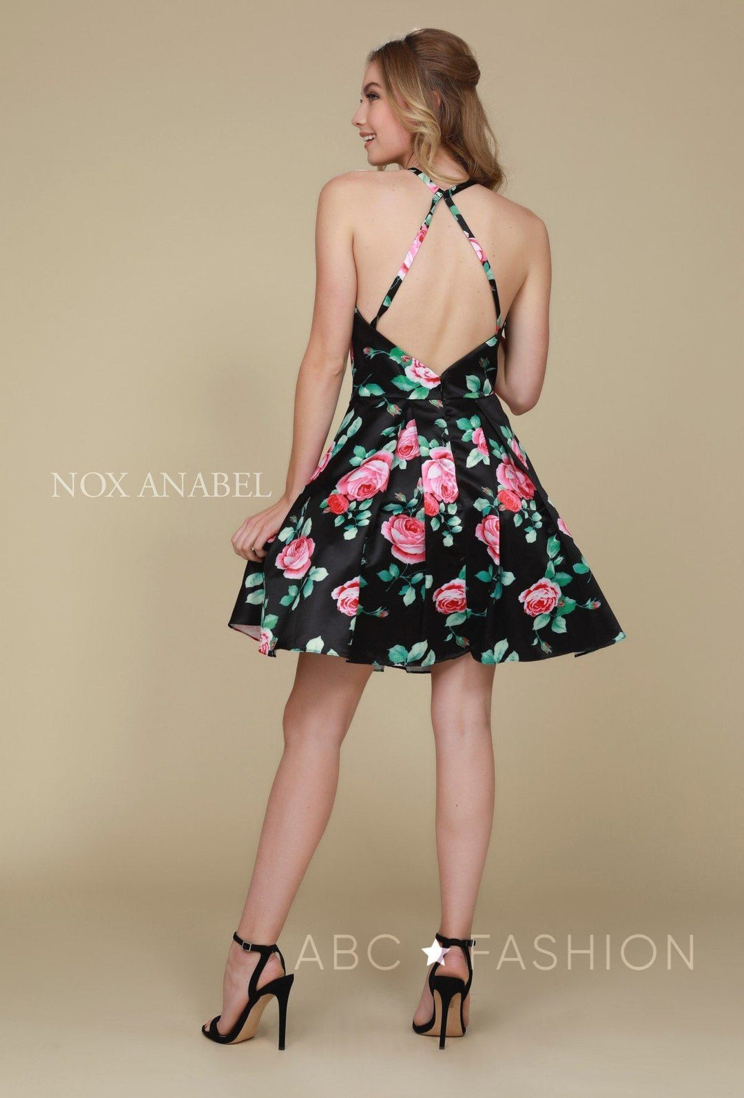 Short Floral Print Dress with Open Back by Nox Anabel Q602-Short Cocktail Dresses-ABC Fashion