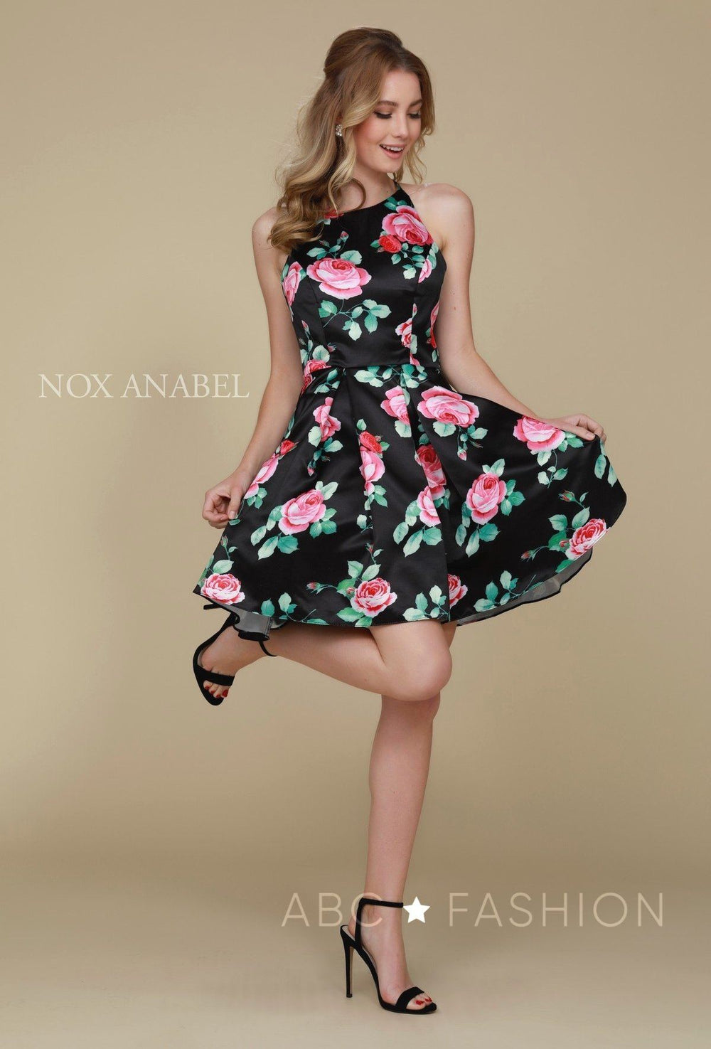 Short Floral Print Dress with Open Back by Nox Anabel Q602-Short Cocktail Dresses-ABC Fashion
