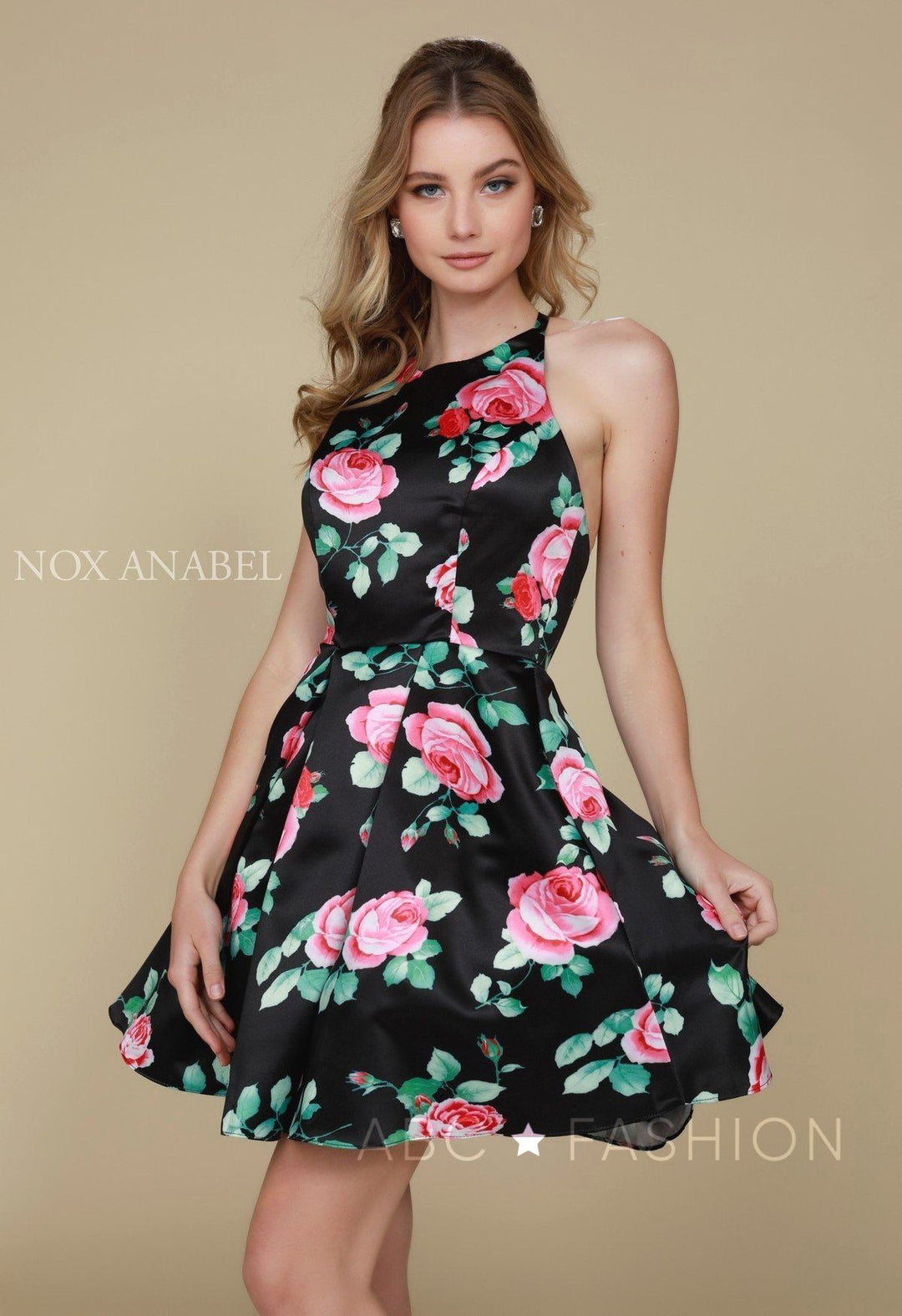 Short Floral Print Dress with Open Back by Nox Anabel Q602-Short Cocktail Dresses-ABC Fashion