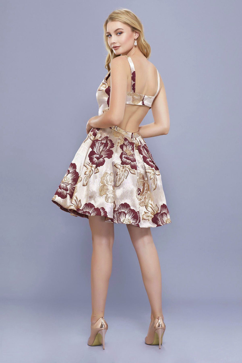 Short Floral Print Jacquard Dress by Nox Anabel 6340-Short Cocktail Dresses-ABC Fashion