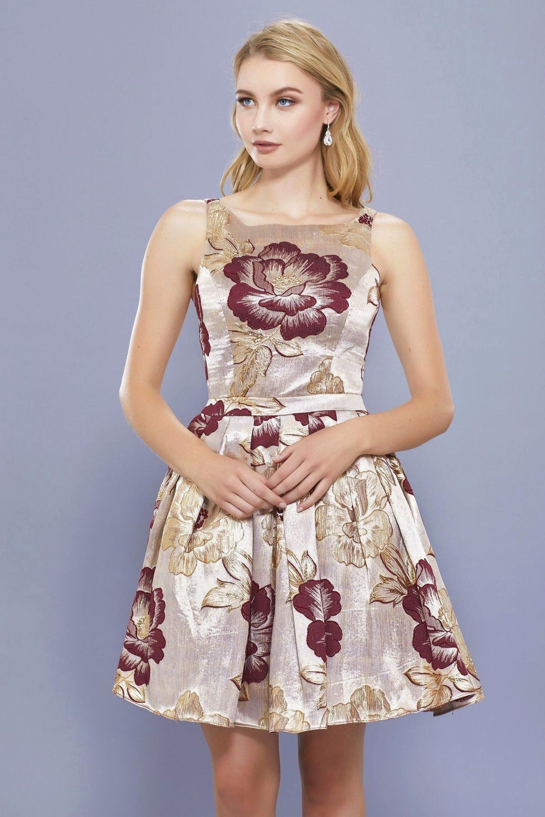 Short Floral Print Jacquard Dress by Nox Anabel 6340-Short Cocktail Dresses-ABC Fashion