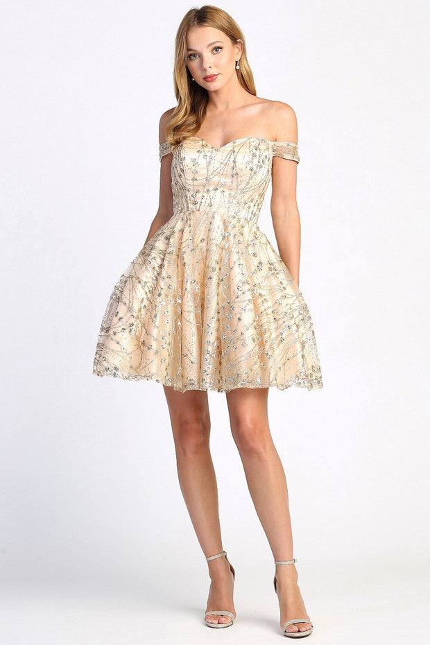 Short Glitter Off Shoulder Dress by Adora 1023