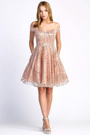 Short Glitter Off Shoulder Dress by Adora 1023