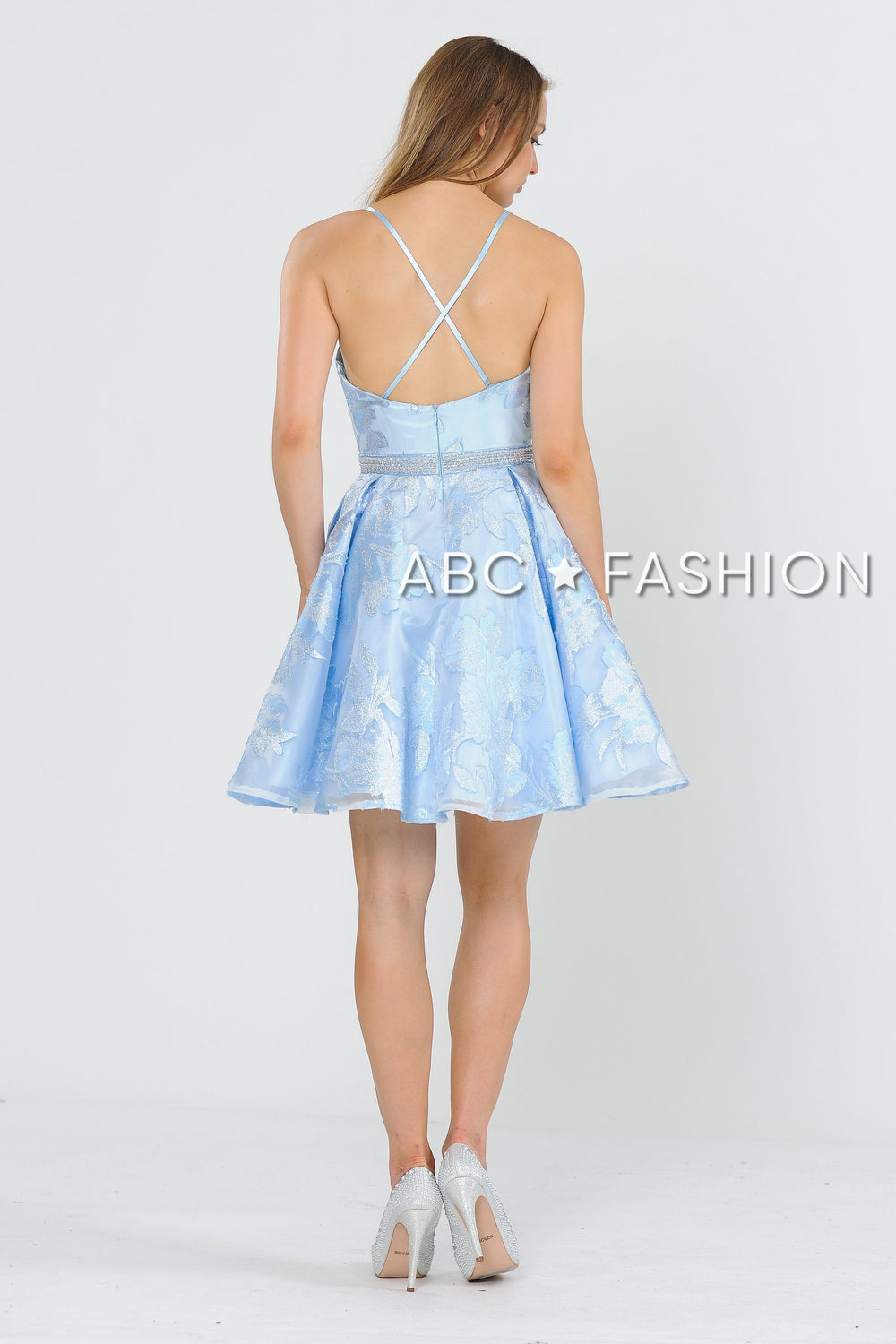 Short Glitter Print Dress with Beaded Waist by Poly USA 8422-Short Cocktail Dresses-ABC Fashion