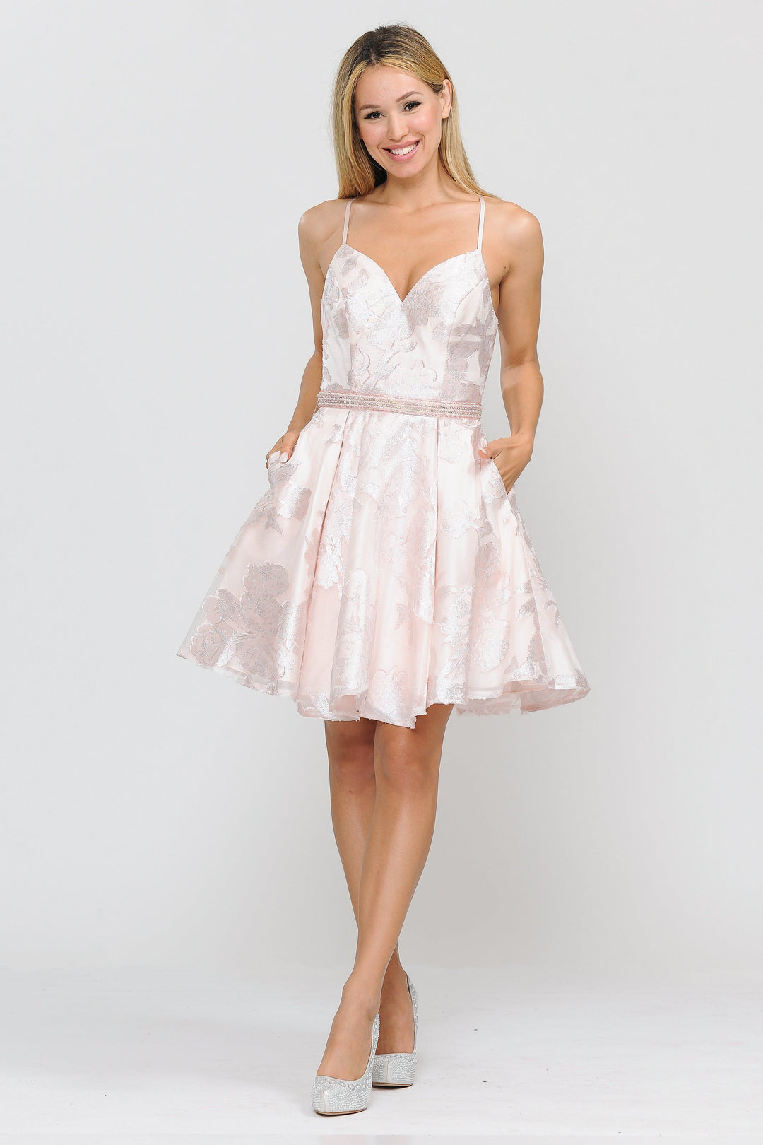 Short Glitter Print Dress with Beaded Waist by Poly USA 8422-Short Cocktail Dresses-ABC Fashion