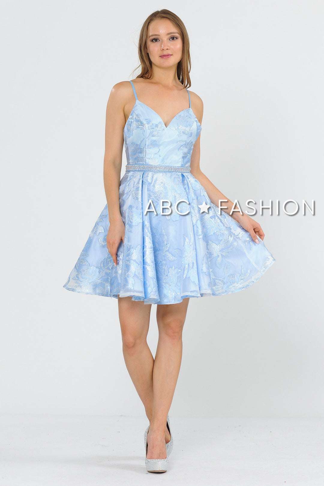Short Glitter Print Dress with Beaded Waist by Poly USA 8422-Short Cocktail Dresses-ABC Fashion