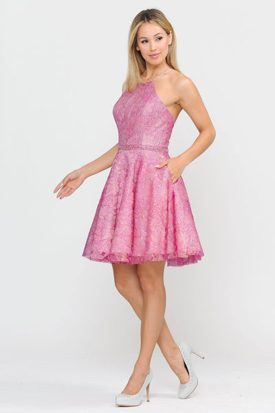 Short Glitter Print Dress with Pockets by Poly USA 8410-Short Cocktail Dresses-ABC Fashion
