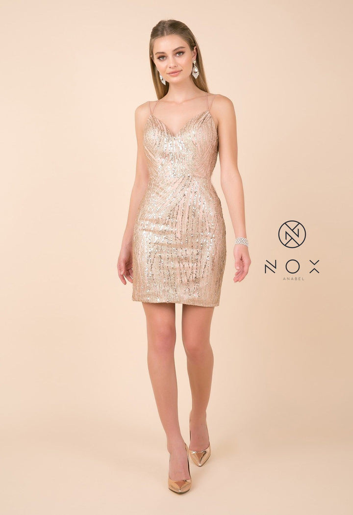 Short Glitter Print Dress with Strappy Back by Nox Anabel T680-Short Cocktail Dresses-ABC Fashion