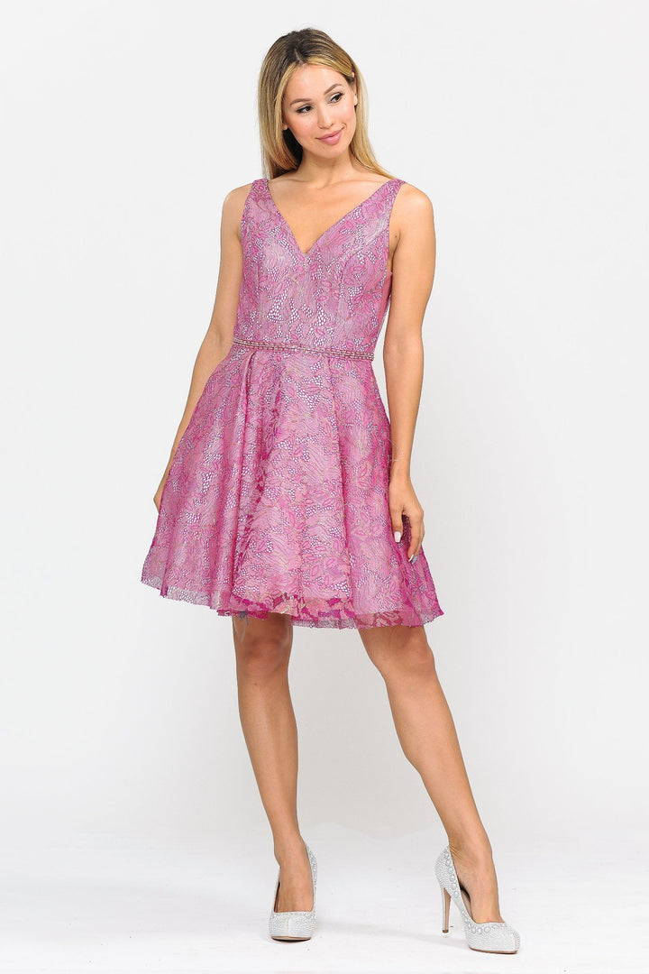 Short Glitter Print V-Neck Dress with Pockets by Poly USA 8504